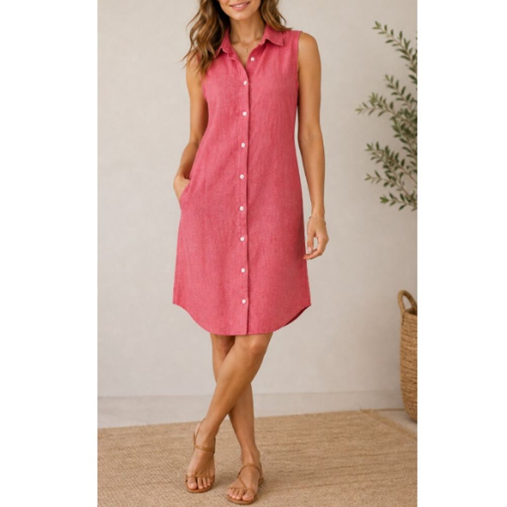 LANDS END Women's Red Linen Sleeveless Button Front Casual Shirt Dress Size 16W